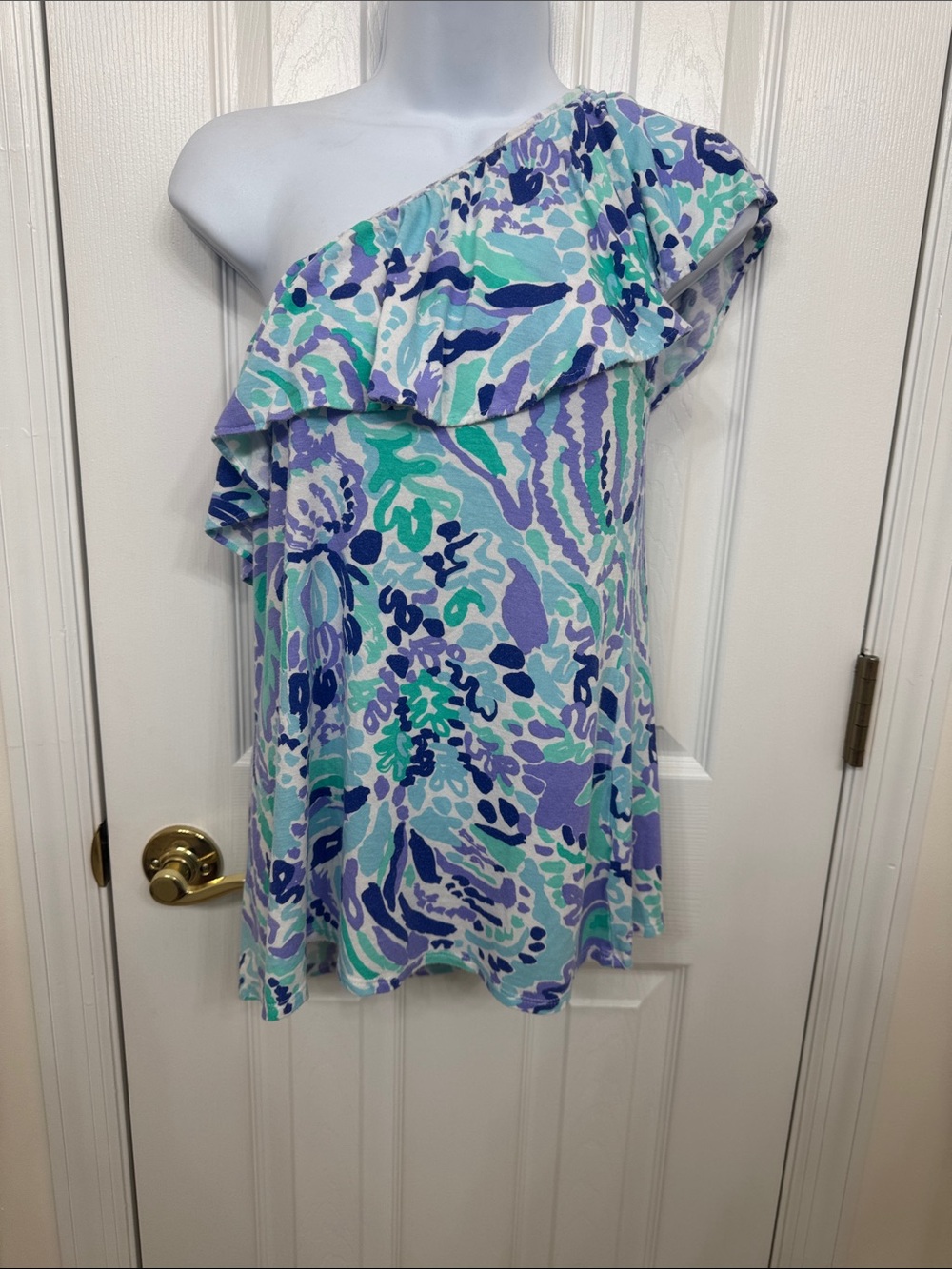 One-Shoulder Ruffle Summer Top in Aqua, Lavender & Navy